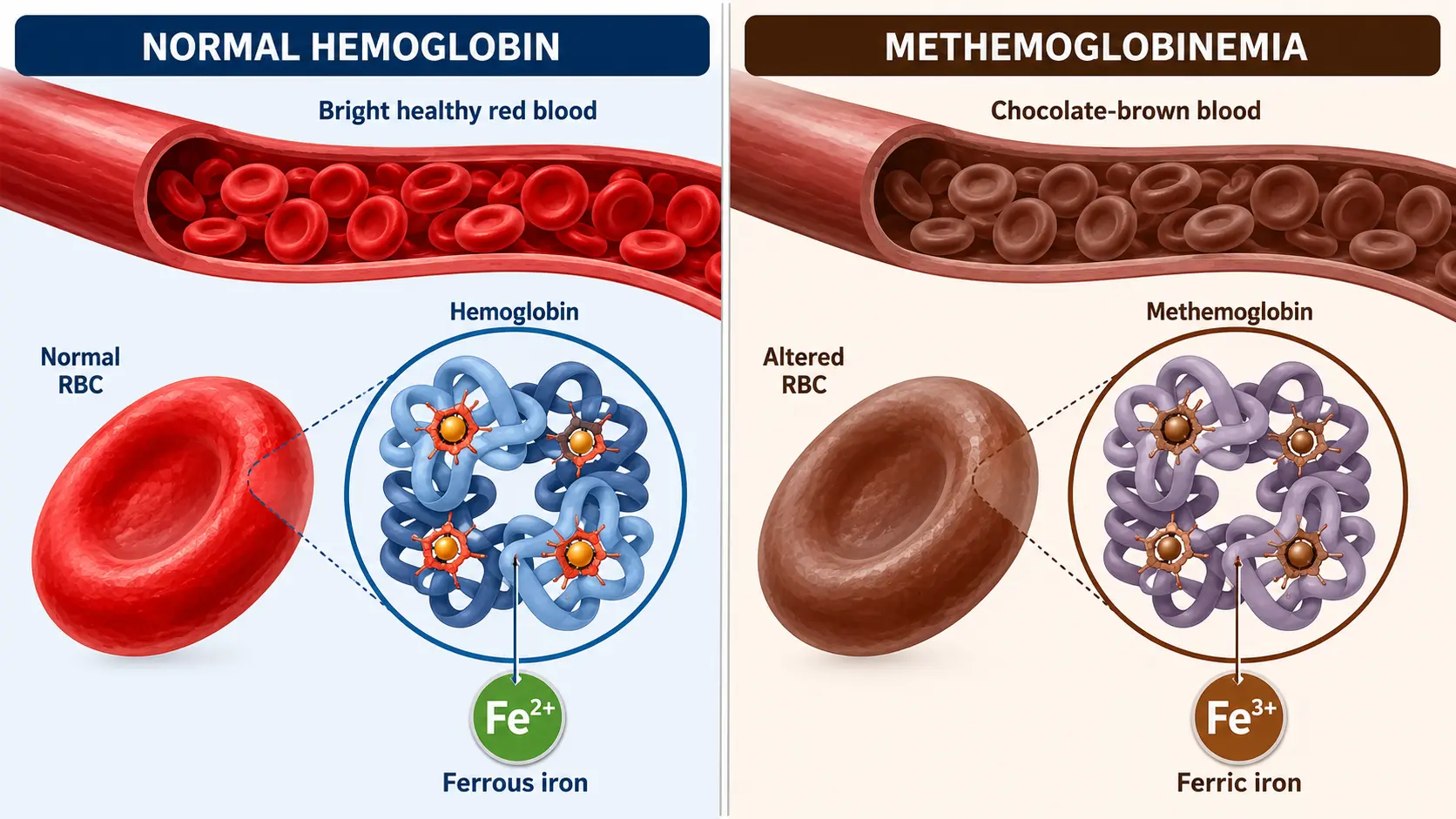 Normal hemoglobin (Fe2+) vs methemoglobinemia (Fe3+ chocolate-brown blood)