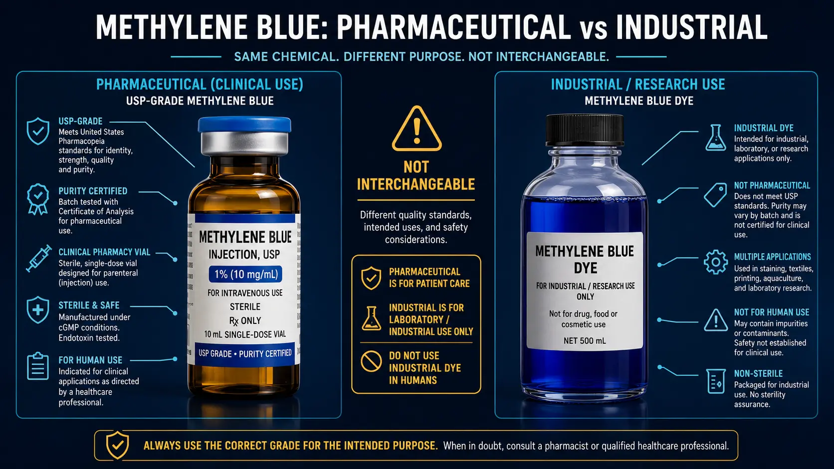 USP-grade methylene blue vial vs industrial chemistry-supplier dye
