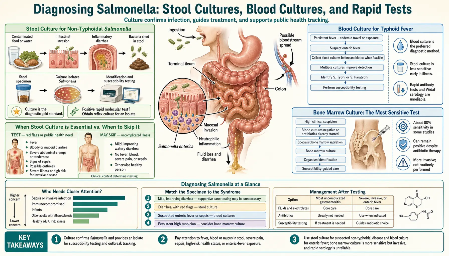 Diagnosis Stool Culture and Serology — scientific infographic poster