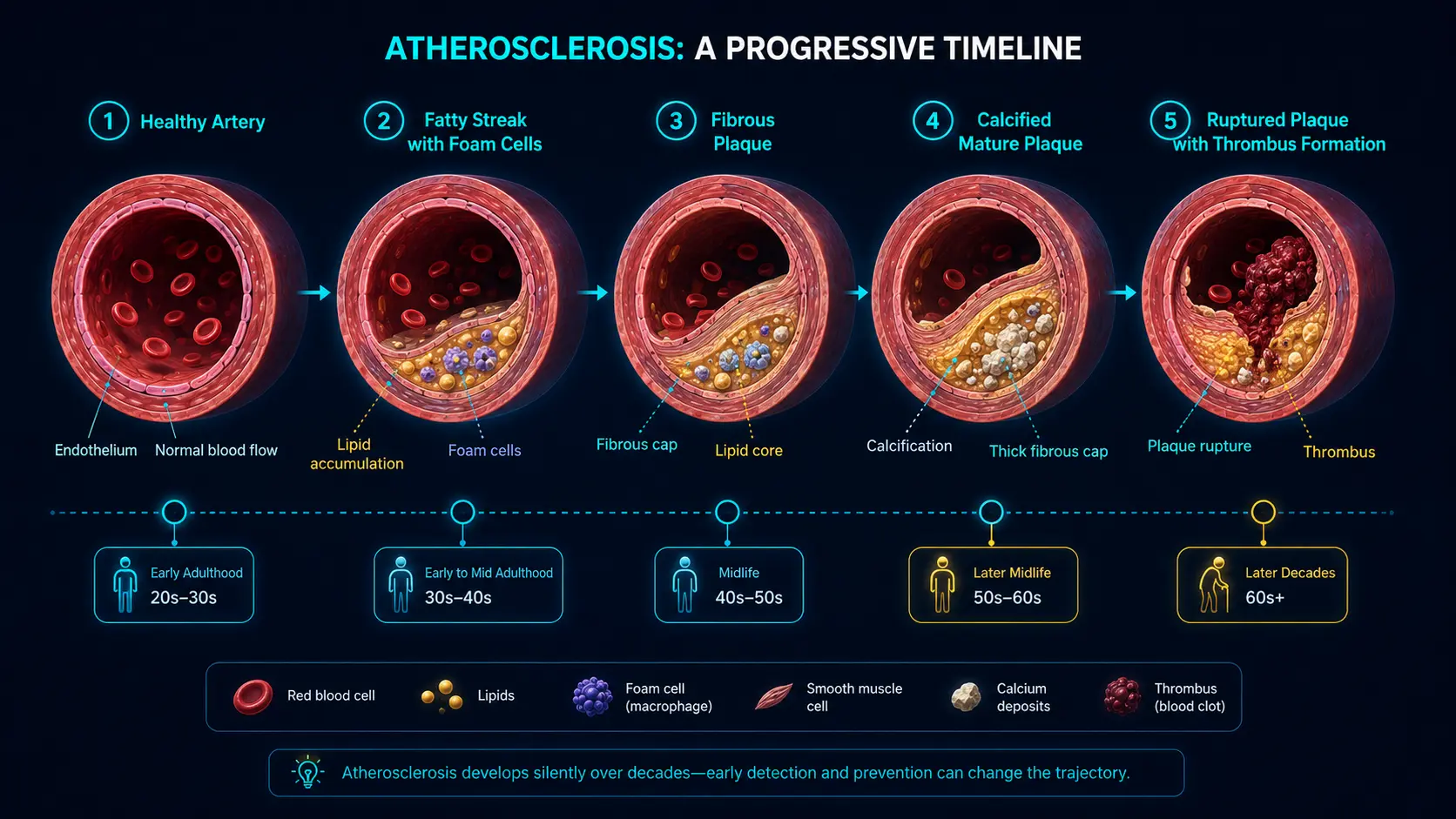 Atherosclerosis 5-stage progression: healthy artery to ruptured plaque