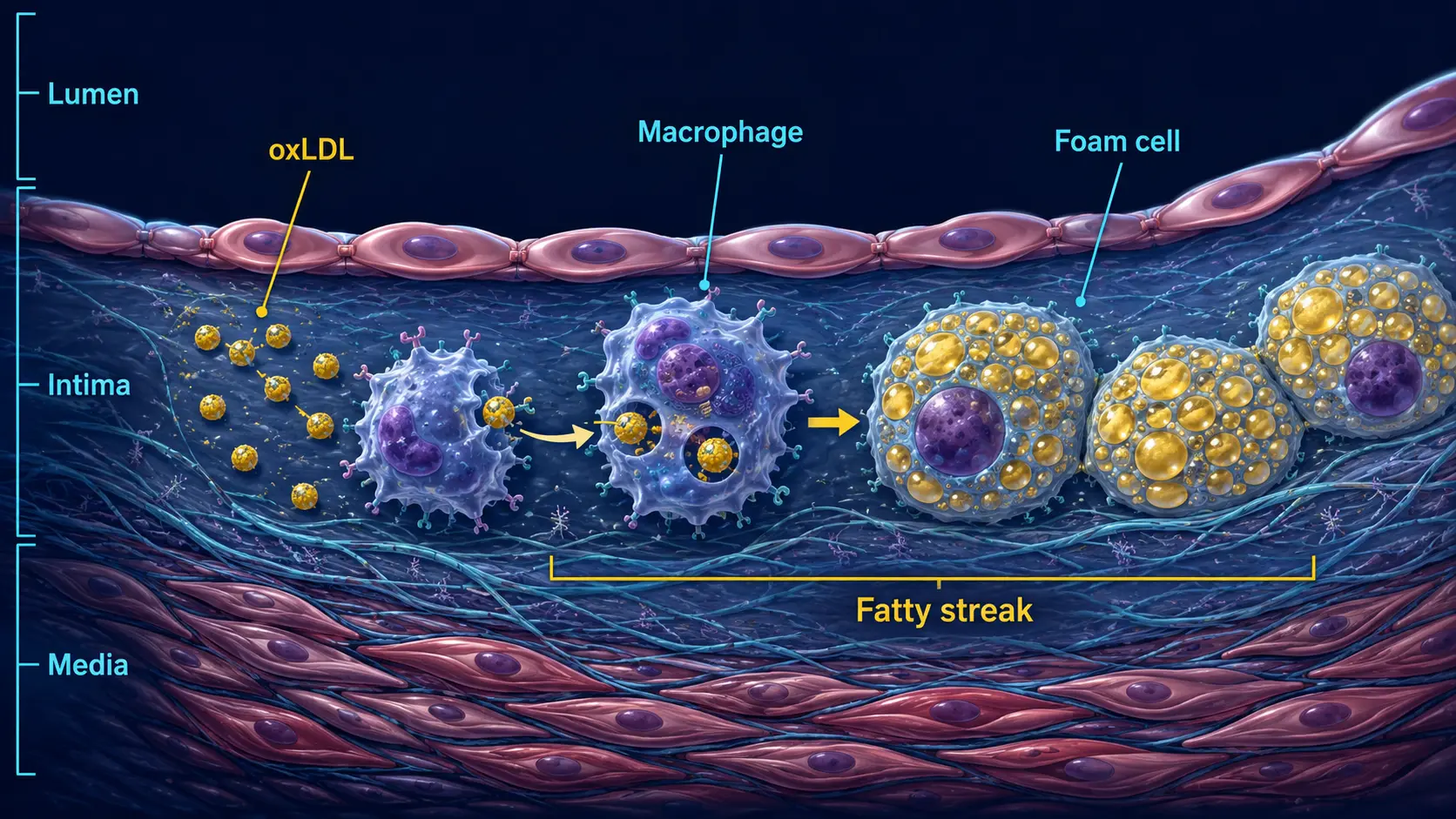 Foam cells: macrophages engulfing oxidized LDL in arterial intima