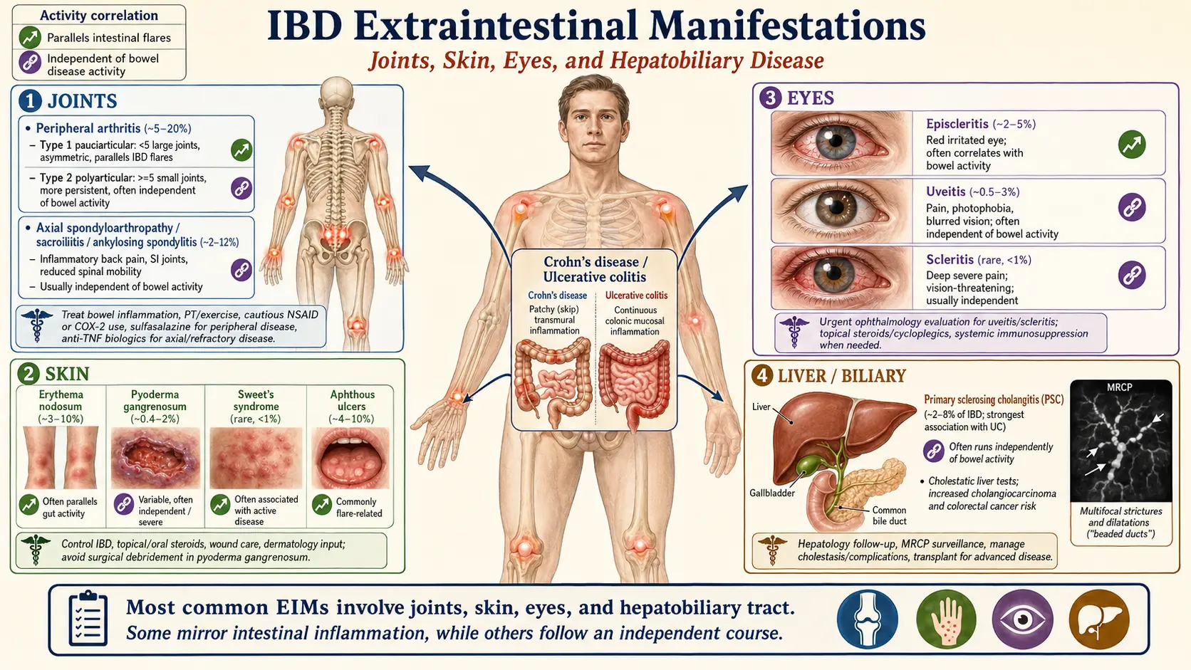 Extraintestinal Manifestations Joints Skin Eyes — scientific infographic poster