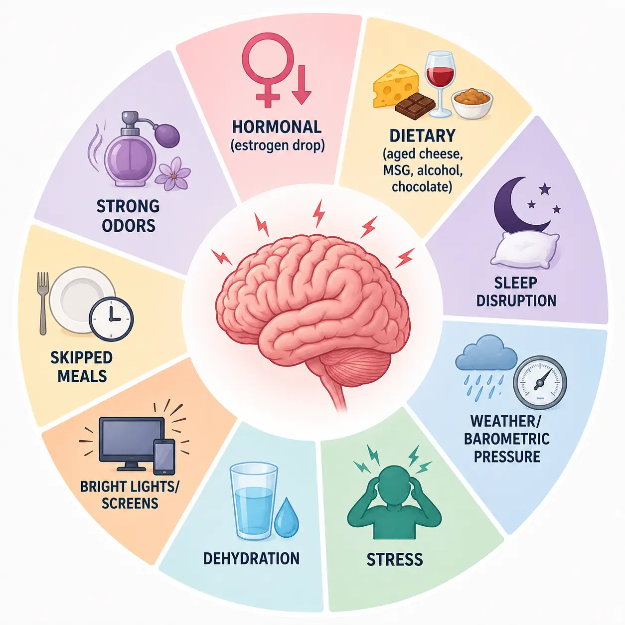 Migraine triggers wheel: hormonal, dietary, sleep, weather, stress, dehydration, light, odors