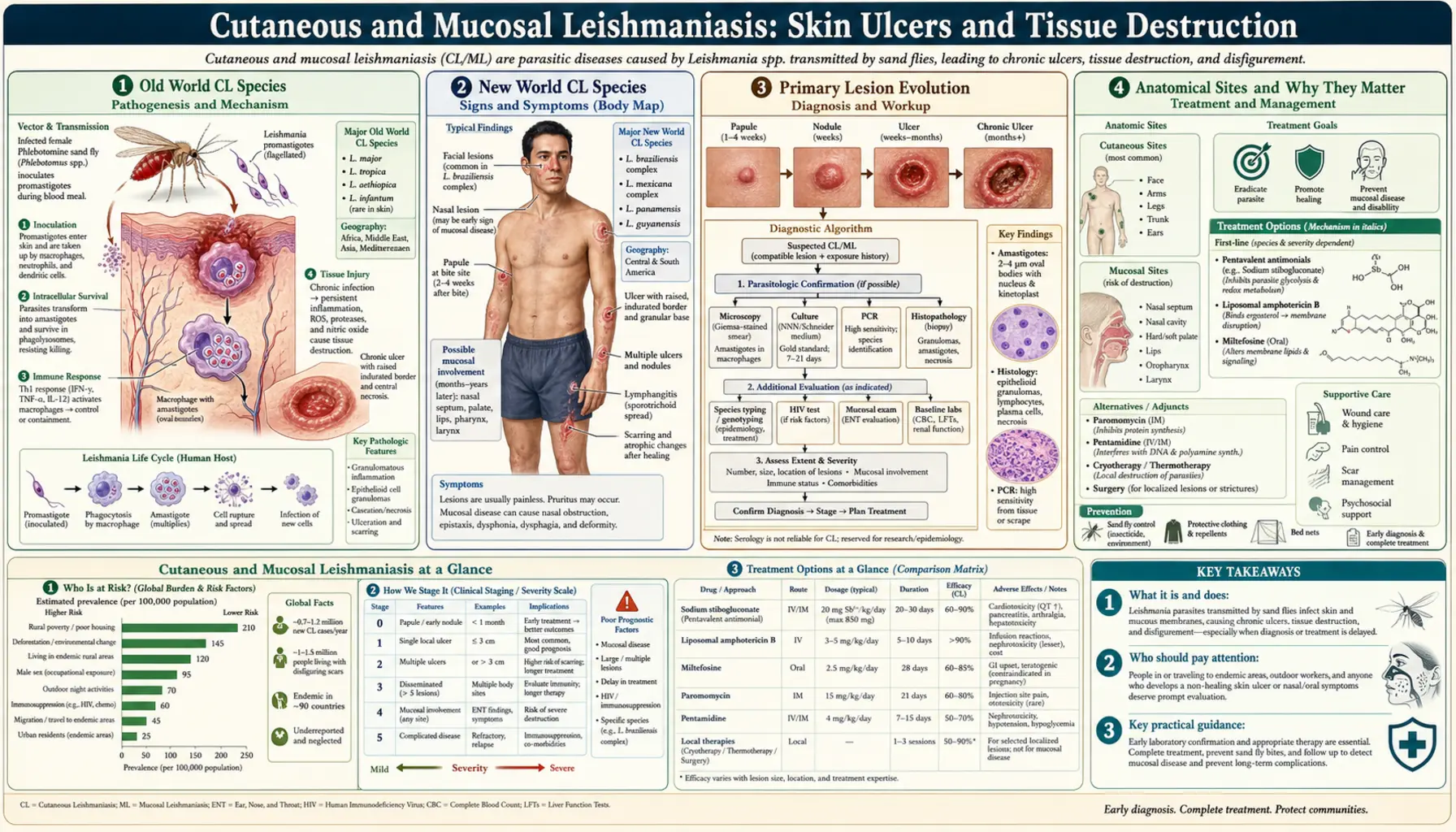 Cutaneous and Mucosal Leishmaniasis — scientific infographic poster