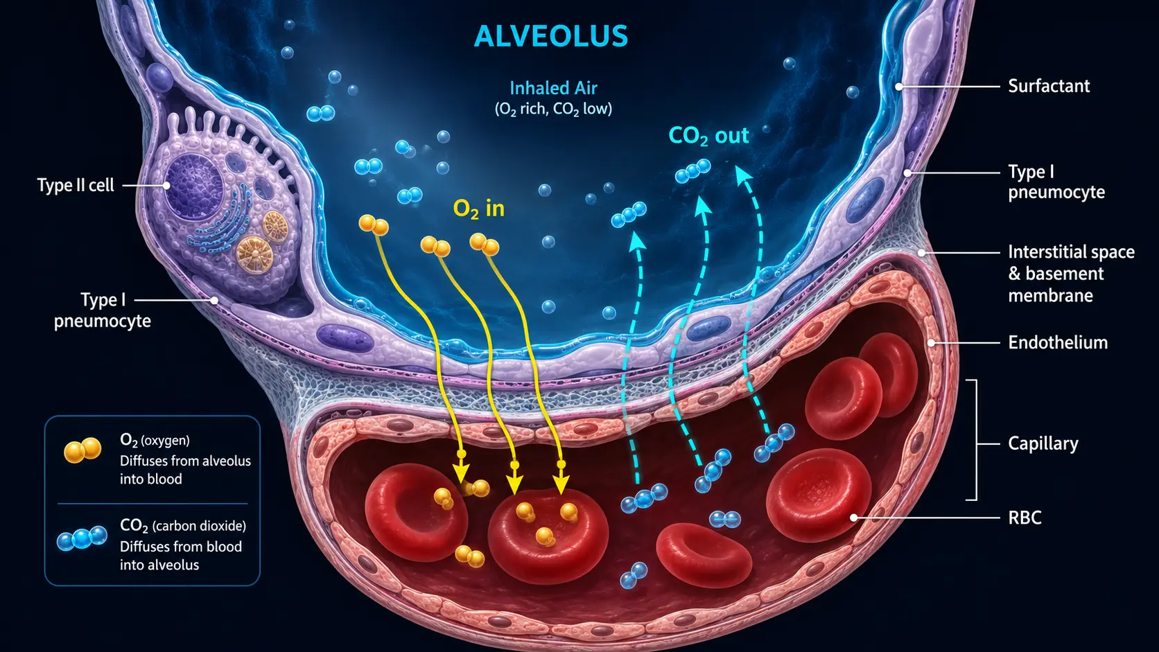 Lung gas exchange: oxygen and CO2 across alveolar epithelium