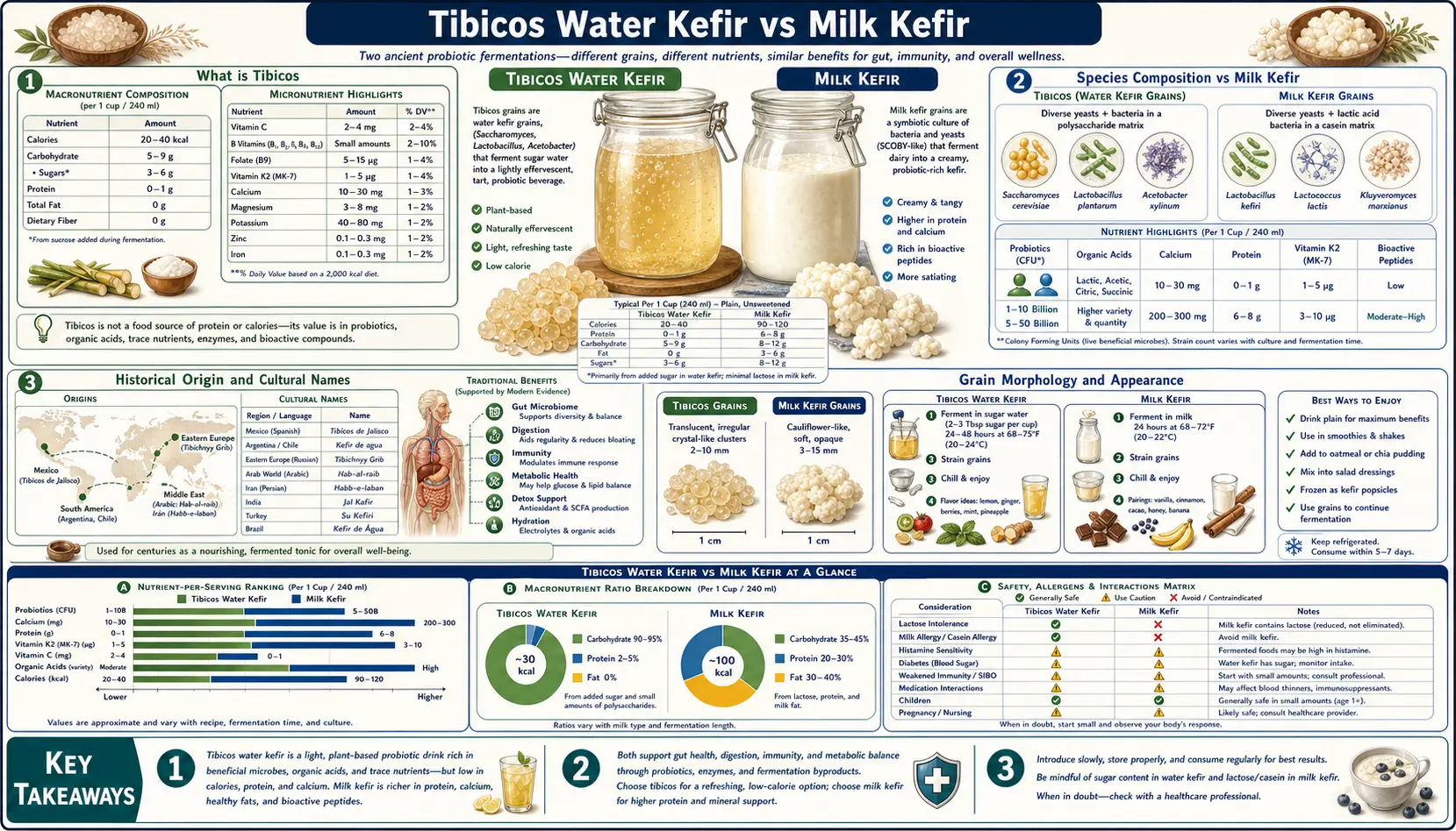 Tibicos Water vs Milk Kefir — scientific infographic poster