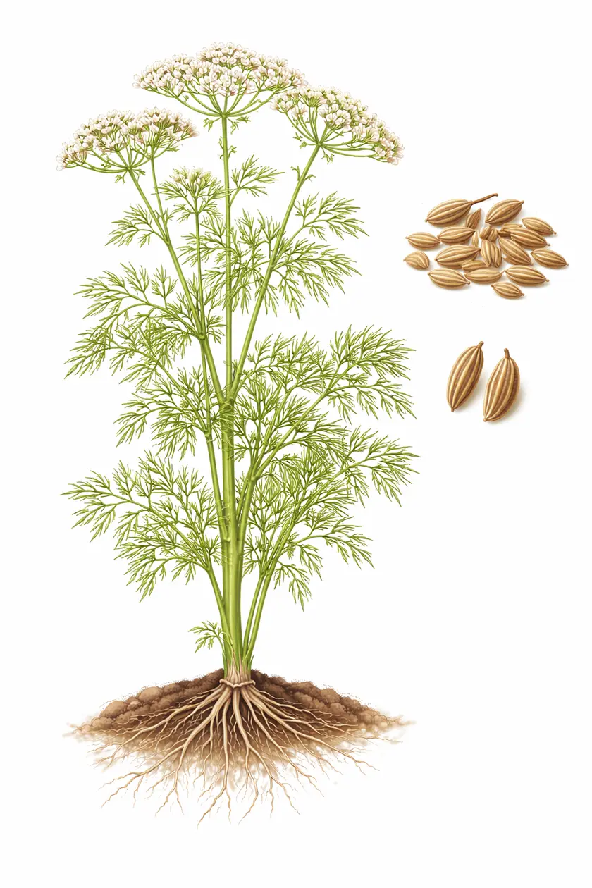 Botanical illustration of Cuminum cyminum (cumin) showing the full plant with roots, feathery leaves, white umbel flowers, and ridged elongated seeds