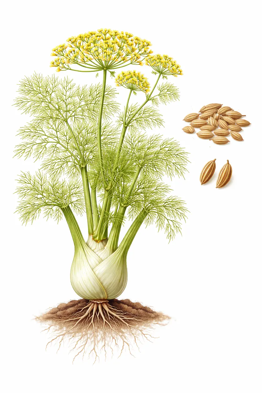 Botanical illustration of Foeniculum vulgare (fennel) showing the bulb with roots, feathery fronds, yellow umbel flowers, and seeds