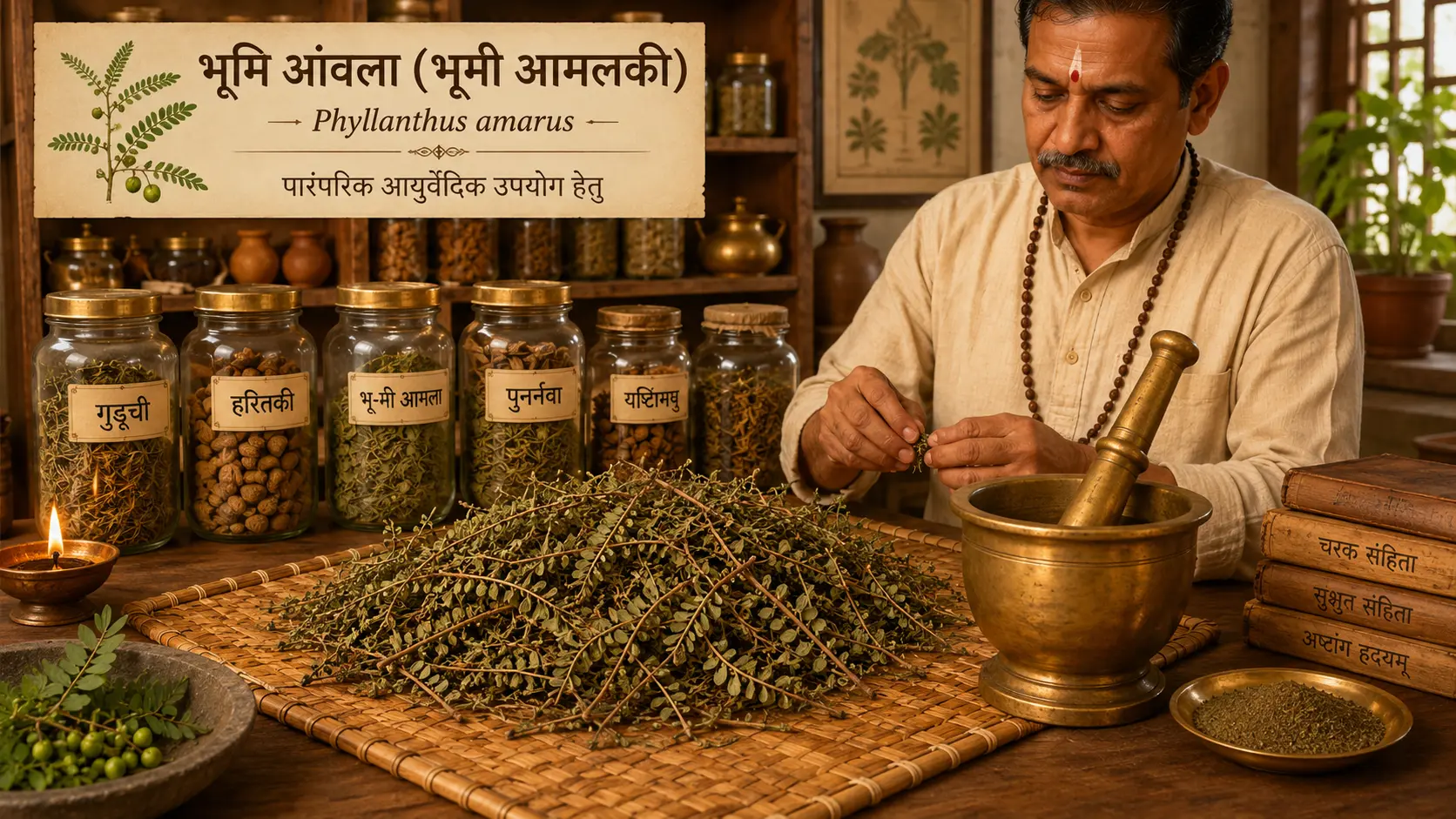 Ayurvedic bhumi amla preparation with mortar, pestle, and Devanagari labels