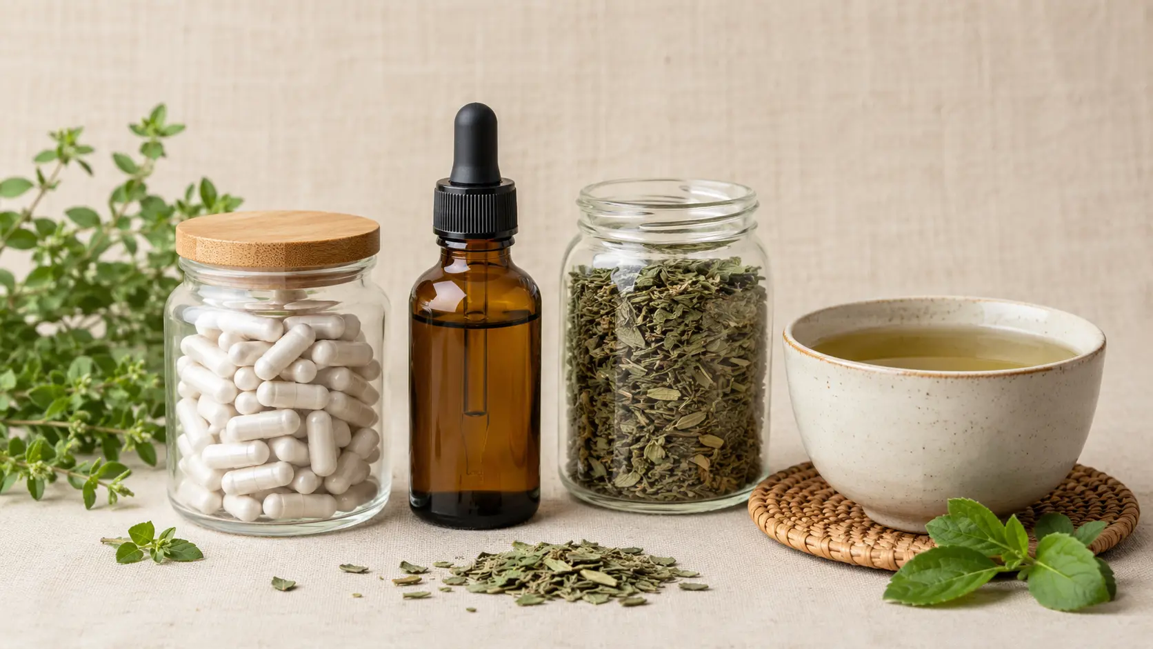 Four chanca piedra forms: capsules, tincture, dried herb, brewed tea