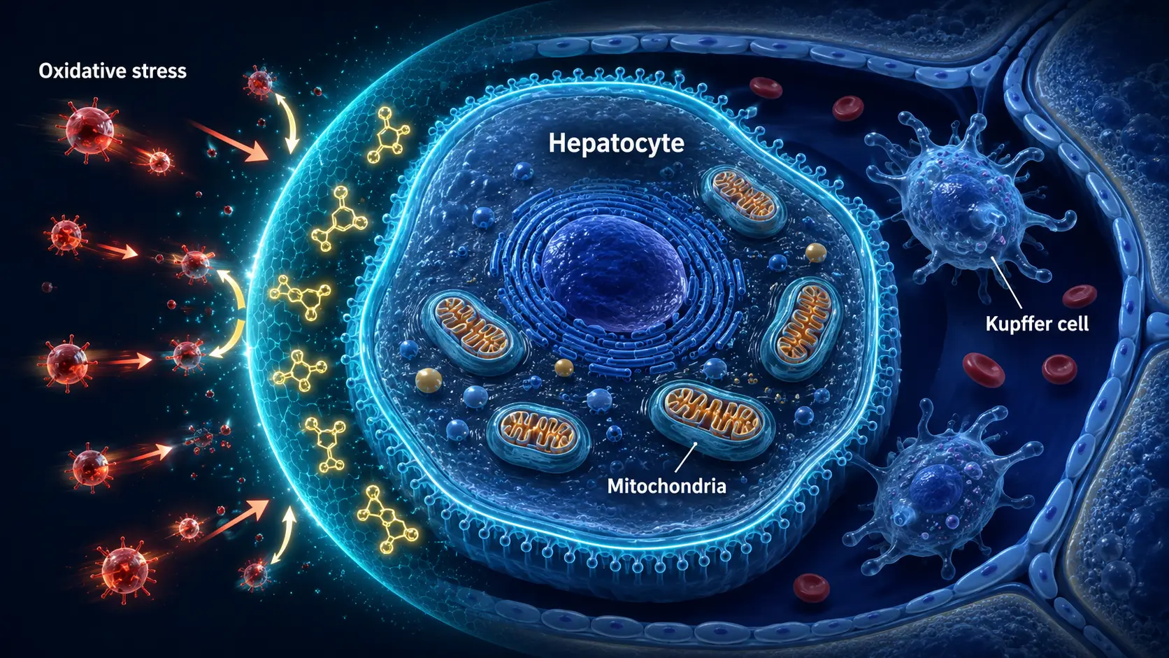 Hepatocyte cross-section with chanca piedra protecting against oxidative damage