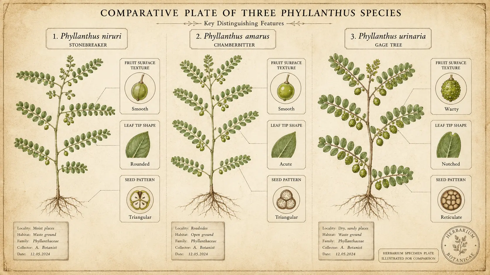 P. niruri, P. amarus, and P. urinaria distinguishing features