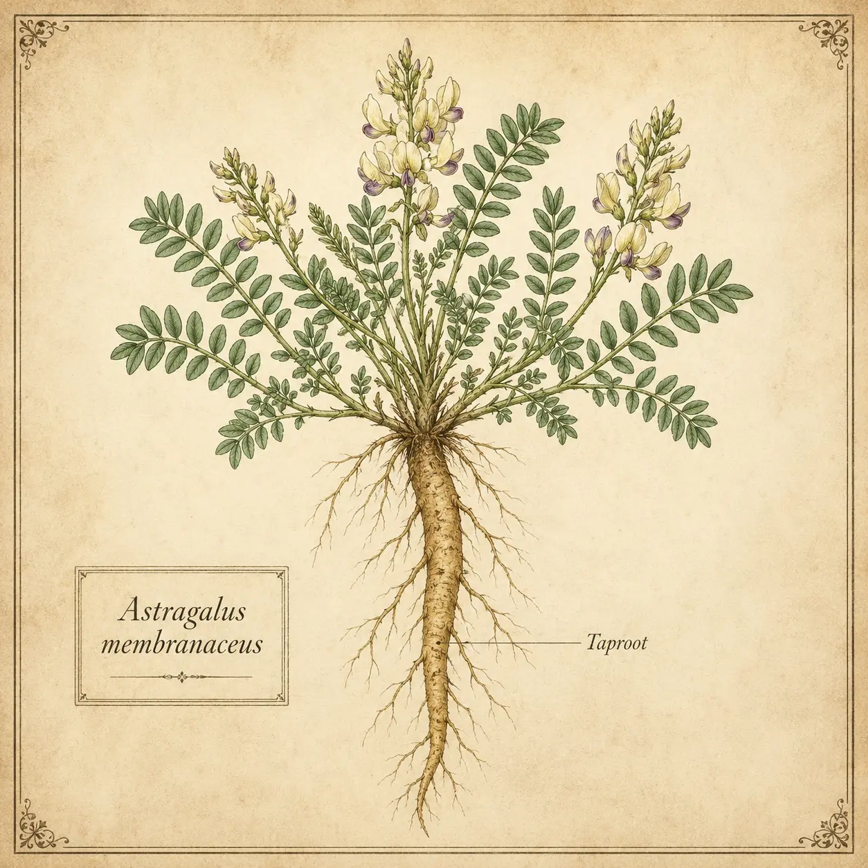 Astragalus membranaceus whole-plant botanical illustration