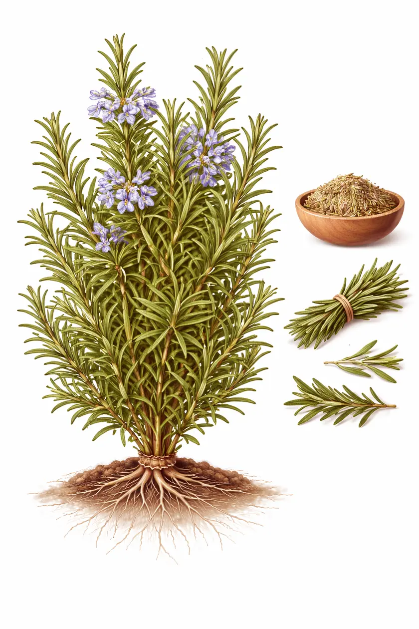Botanical illustration of Salvia rosmarinus (rosemary) showing the full plant with roots, needle-like leaves, purple-blue flowers, dried powder in a bowl, bundled sprigs, and fresh cuttings