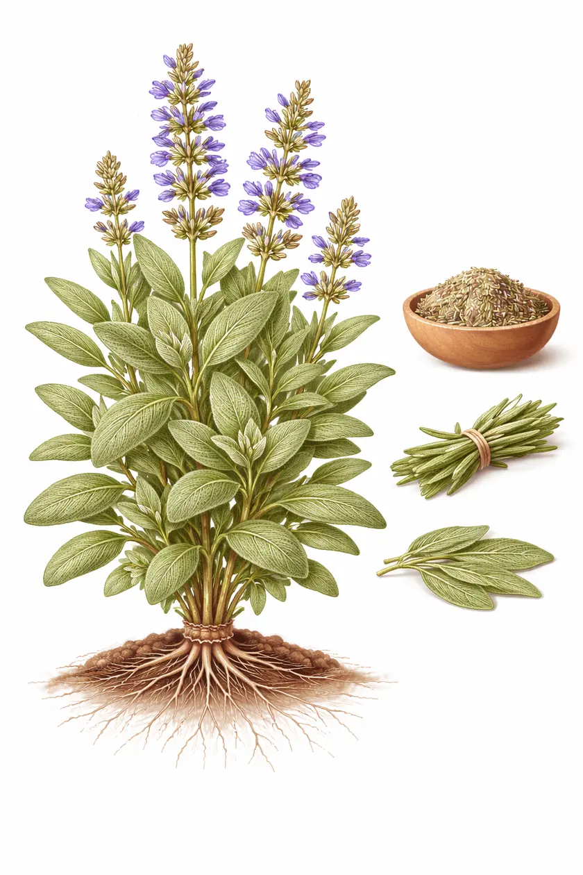 Botanical illustration of Salvia officinalis (sage) showing the full plant with roots, velvety grey-green leaves, purple-blue flower spikes, dried powder in a bowl, bundled leaves, and fresh sprigs