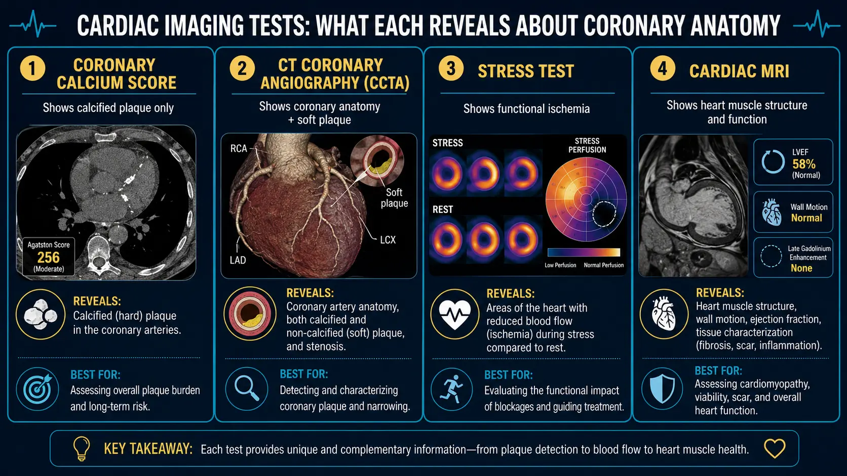 Four-panel cardiac imaging comparison (CAC, CTA, stress test, MRI)