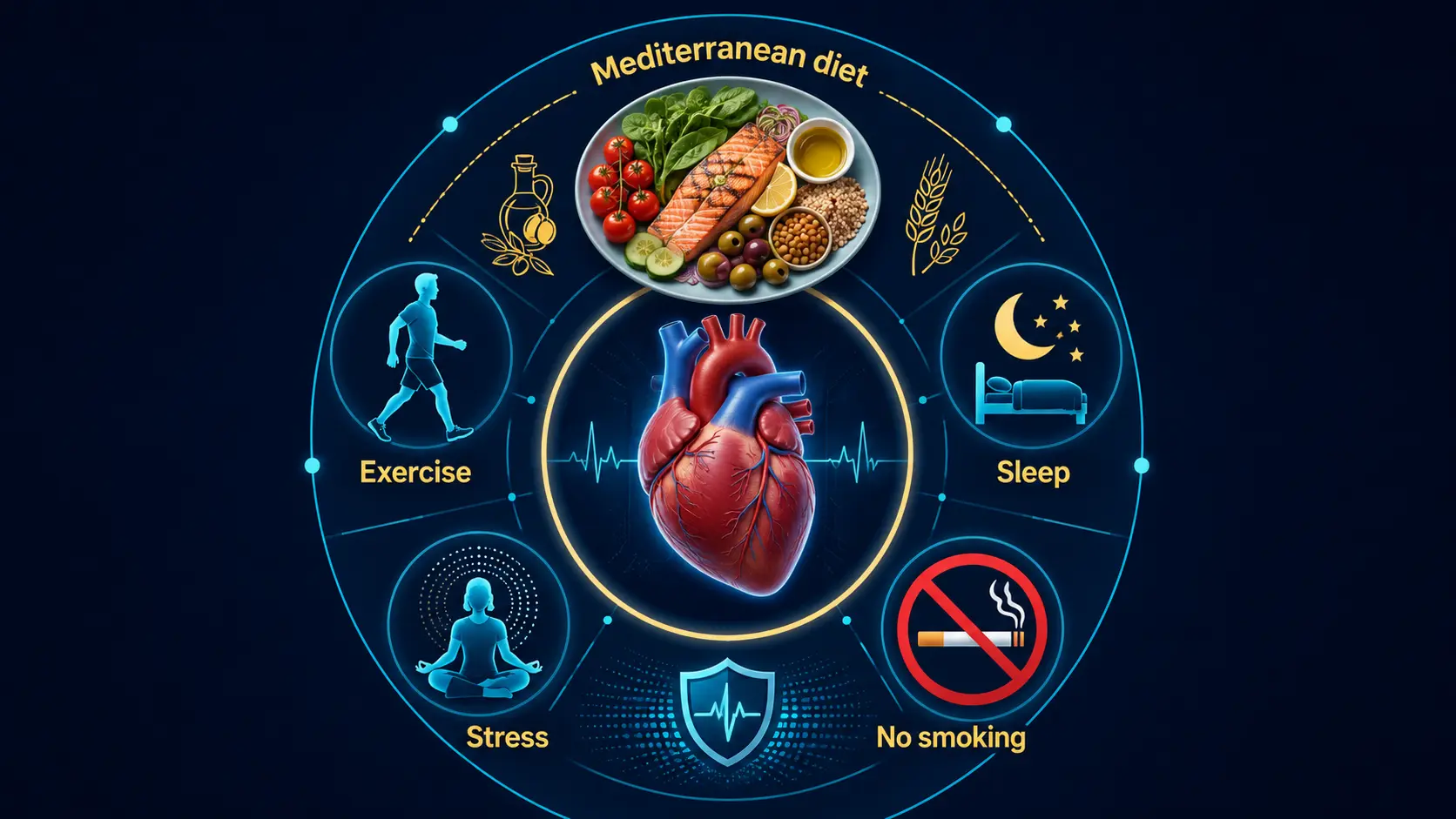 Combined lifestyle stack for cardiovascular protection (Mediterranean, exercise, sleep)