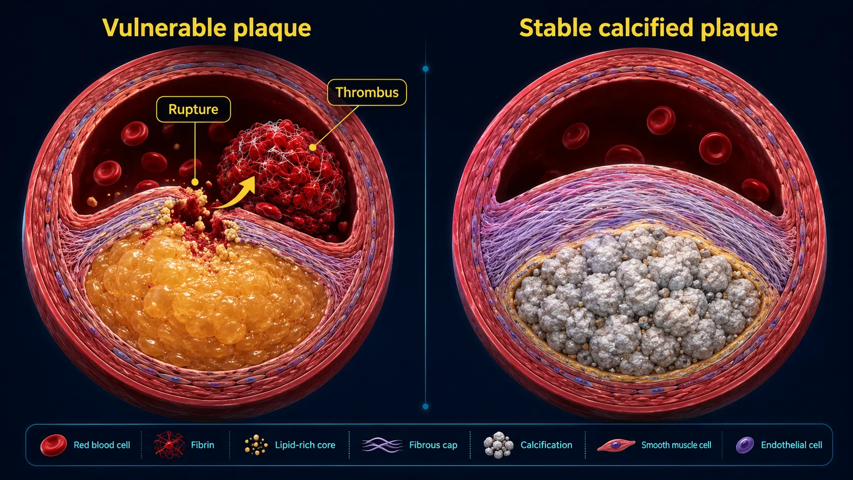 Vulnerable plaque rupture with thrombus formation in coronary artery