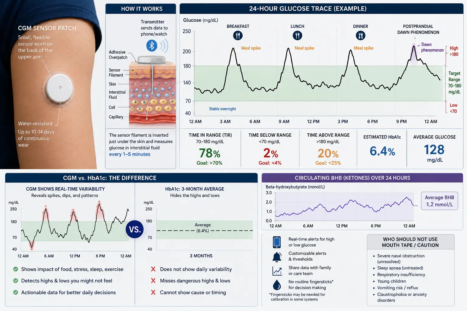 Continuous glucose monitor sensor and 24-hour trace