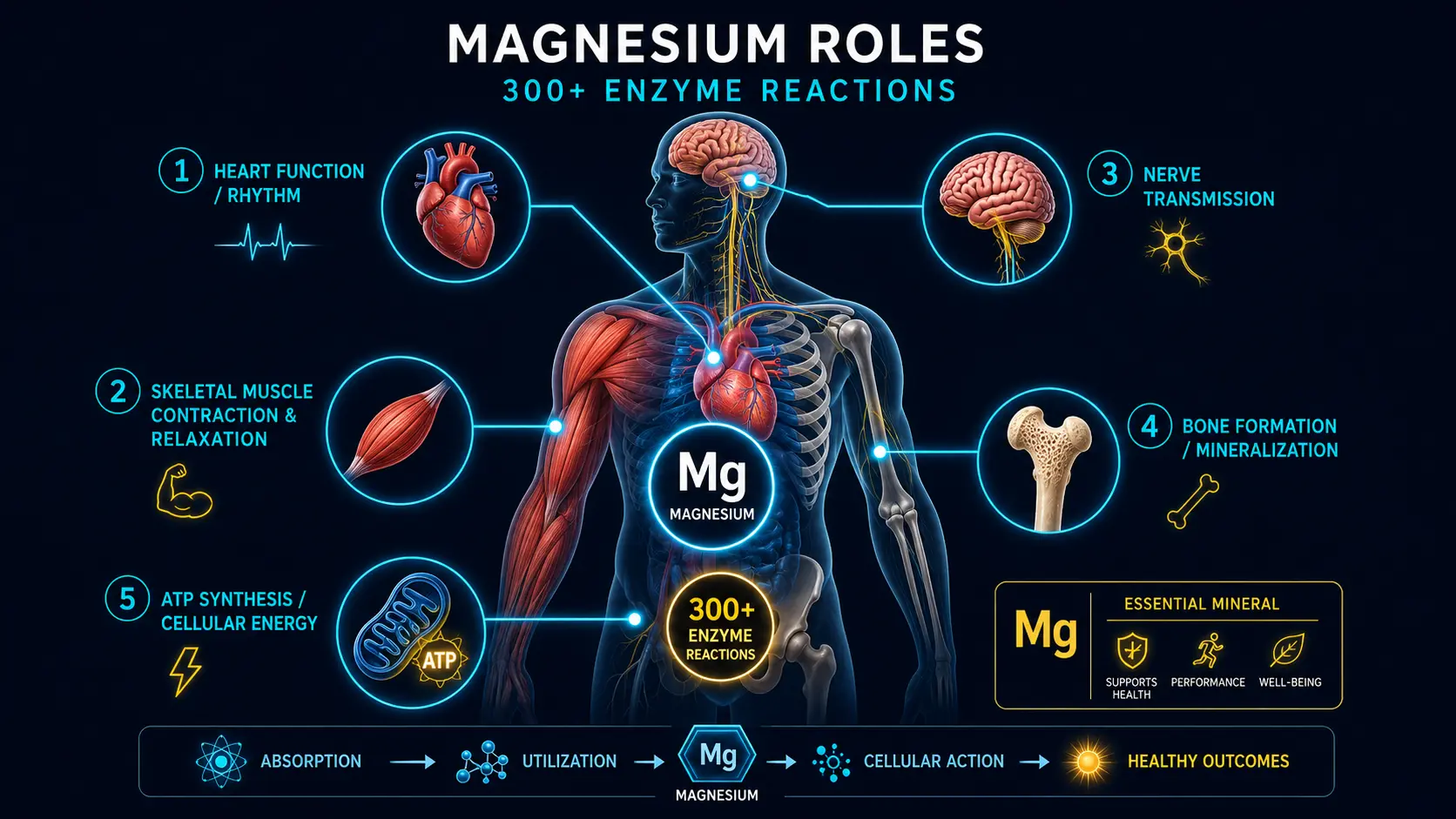 Magnesium roles across heart, muscle, nerves, bone, ATP synthesis