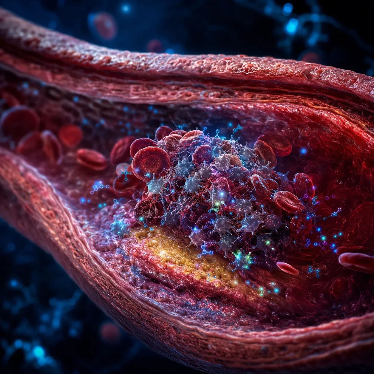 Microscopic view of activated blood platelets clumping together inside a coronary artery, with luminescent xylitol molecules priming platelet membranes and triggering aggregation in response to subthreshold collagen and ADP signals