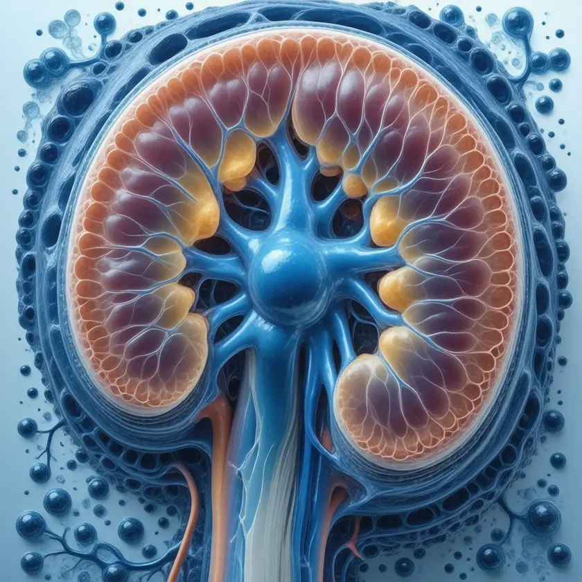 Anatomical cross-section of a human kidney showing azure-blue methylene blue dye flowing through the renal vasculature and into the proximal tubules