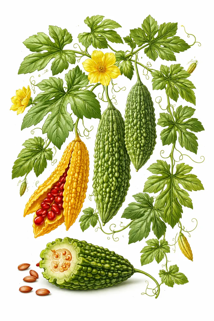 Botanical illustration of Momordica charantia (bitter melon) showing the vine with leaves, yellow flowers, green immature fruit, ripe orange fruit with red seeds, and cross-section