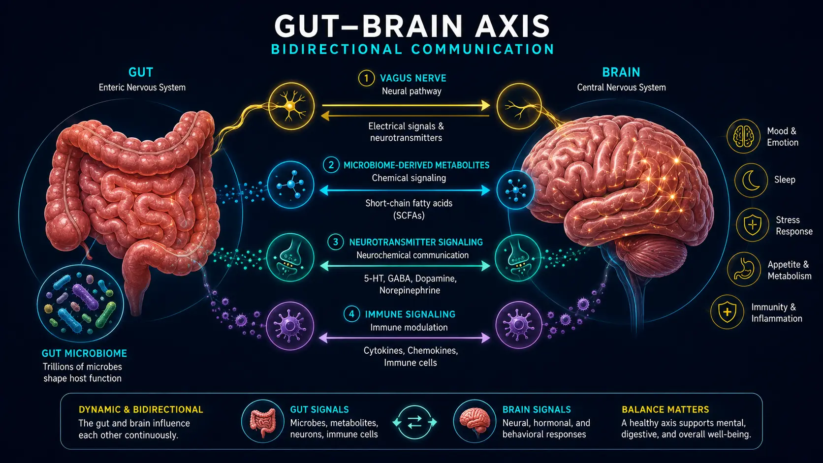 Gut-brain axis bidirectional communication: vagus nerve, microbiome metabolites