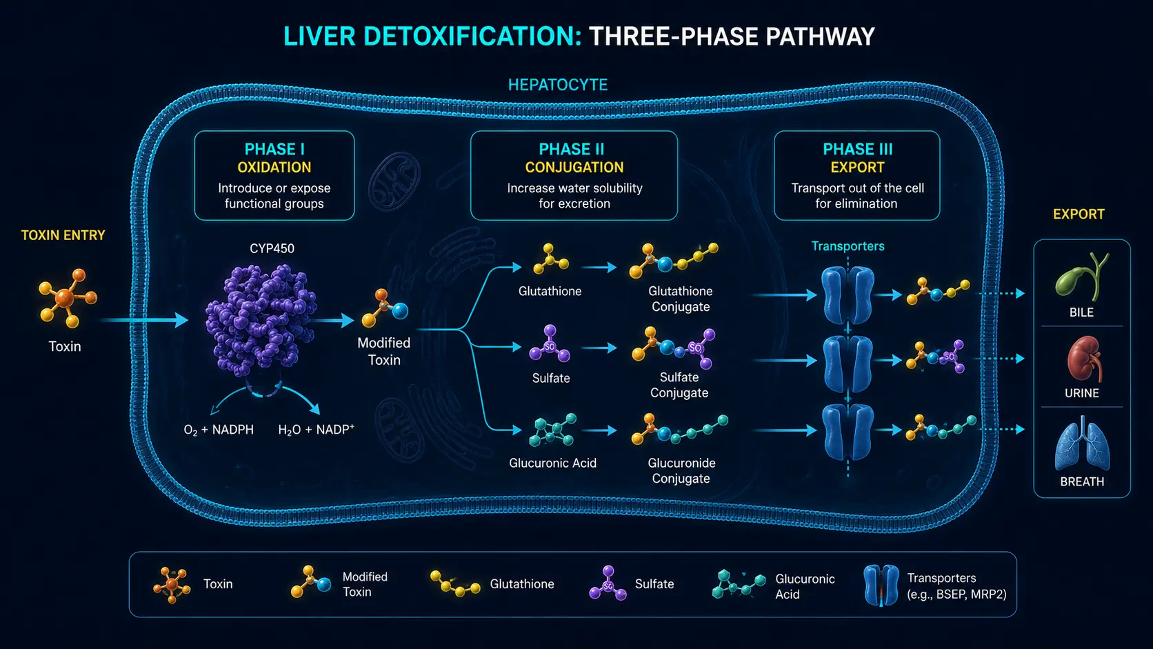 Liver detoxification phases I (CYP450) and II (conjugation) and III (export)