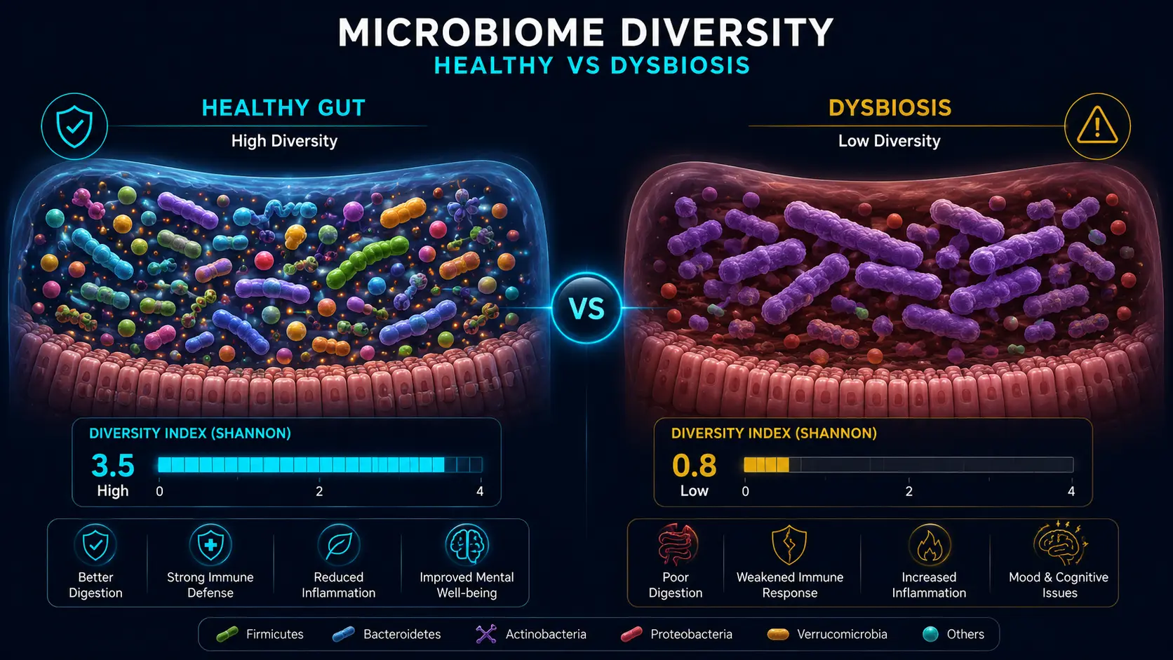 Healthy diverse vs dysbiotic gut microbiome diversity