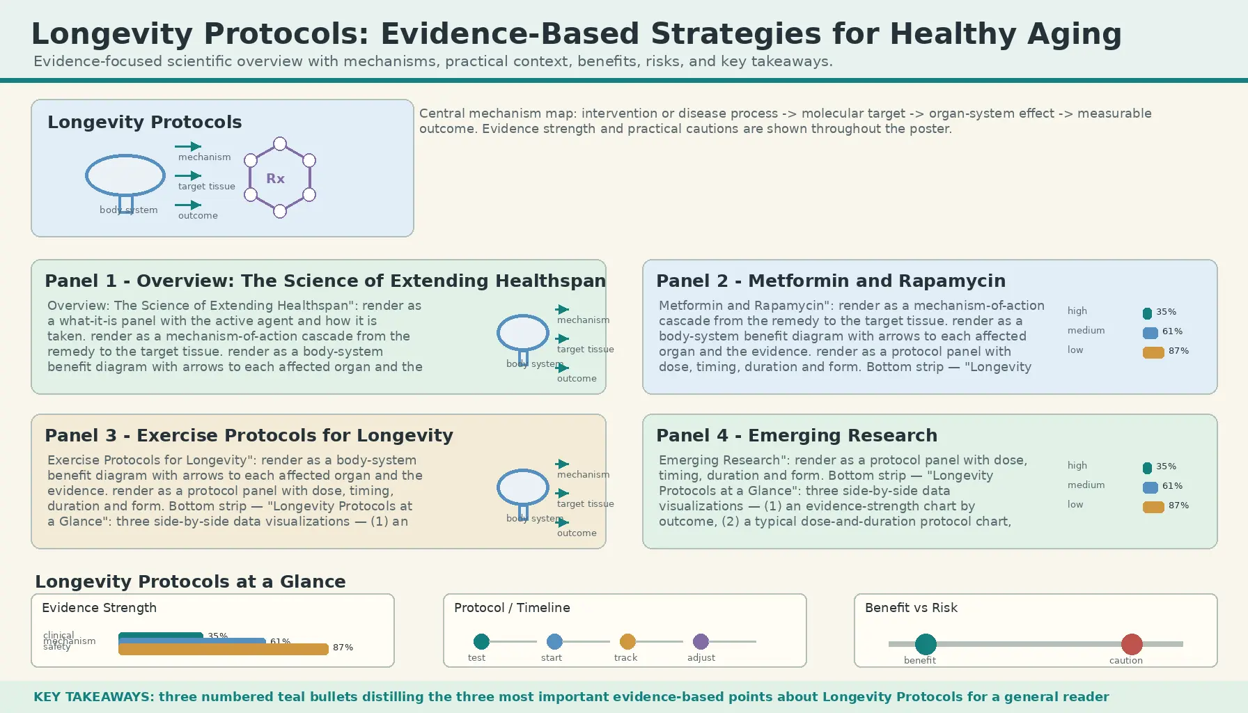 Longevity Protocols — scientific infographic poster