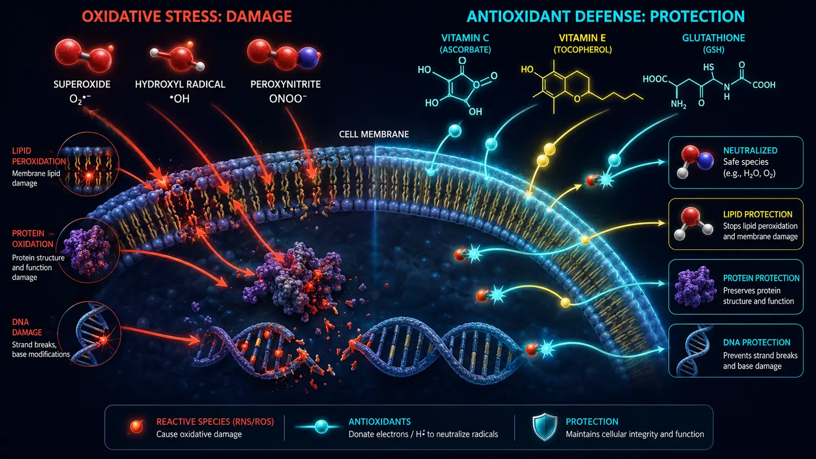 Free radicals attacking cell membranes vs antioxidants defending