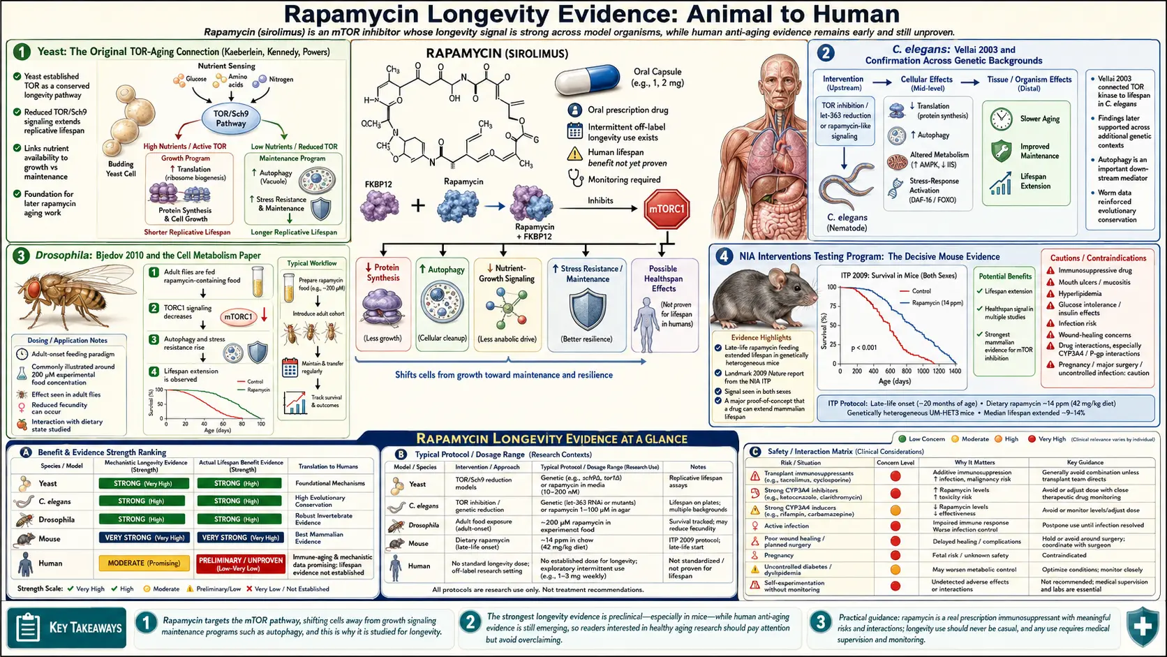 Longevity Evidence Animal to Human — scientific infographic poster