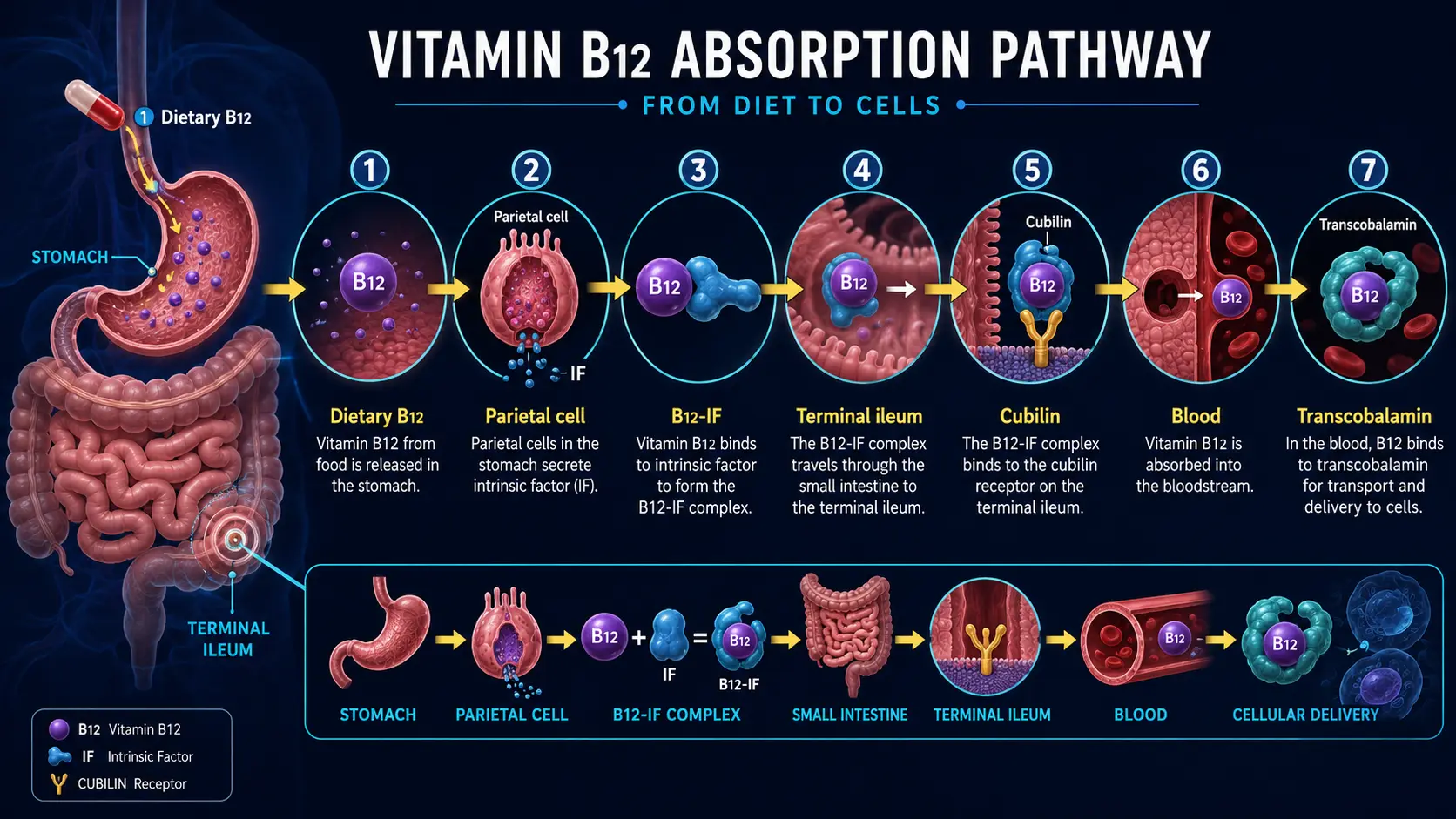 Vitamin B12 absorption multi-step pathway with intrinsic factor and cubilin